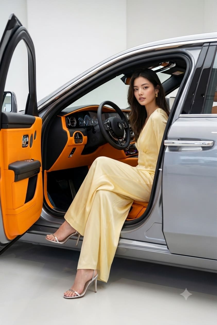 Luxury Sedan Showroom Portrait – woman in a dress in a car, AI image made with Nano Banana Pro