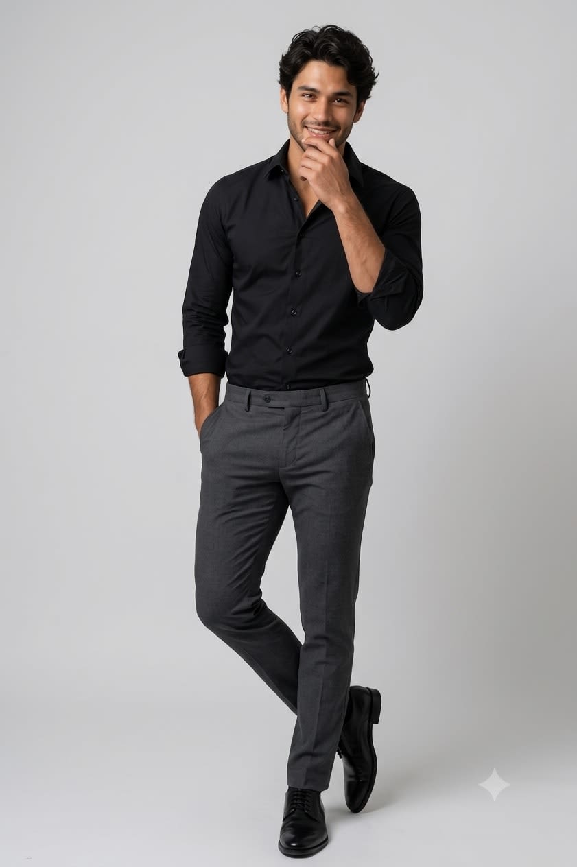 Minimalist Studio Menswear Pose – man in a dress in a photo studio, AI image made with Nano Banana Pro