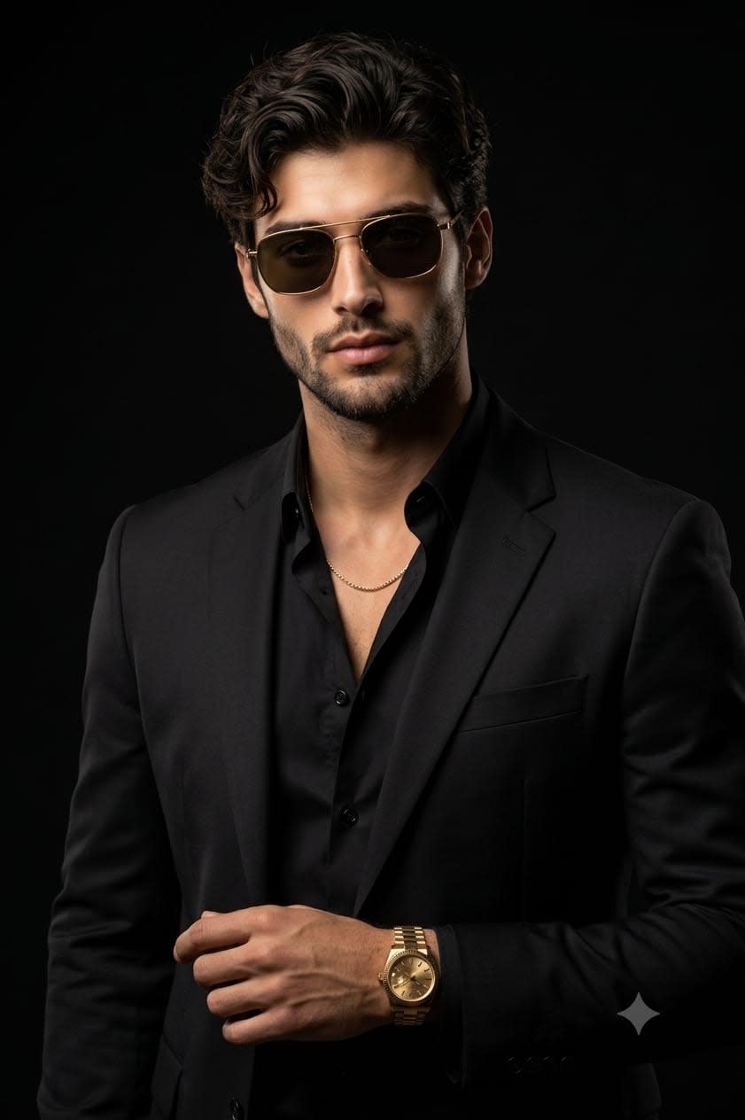 All-Black Editorial Gold Chain – man in a suit, AI image made with Nano Banana Pro