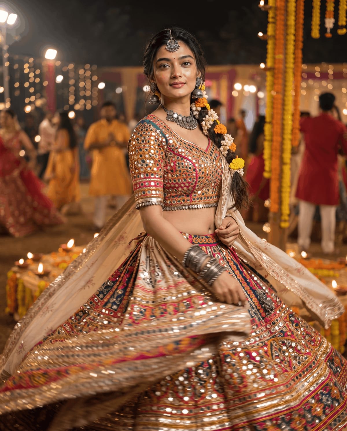 Navratri Garba Night Twirl Portrait – in an open field, AI image made with Nano Banana Pro