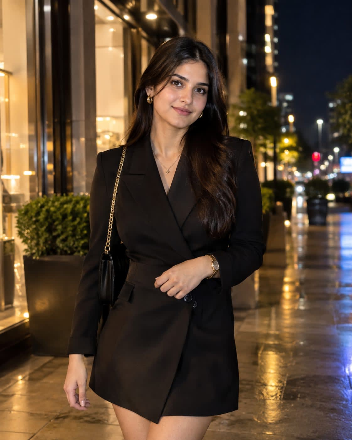 Luxury Night Editorial Woman Portrait – woman in a blazer in a city street, AI image made with ChatGPT