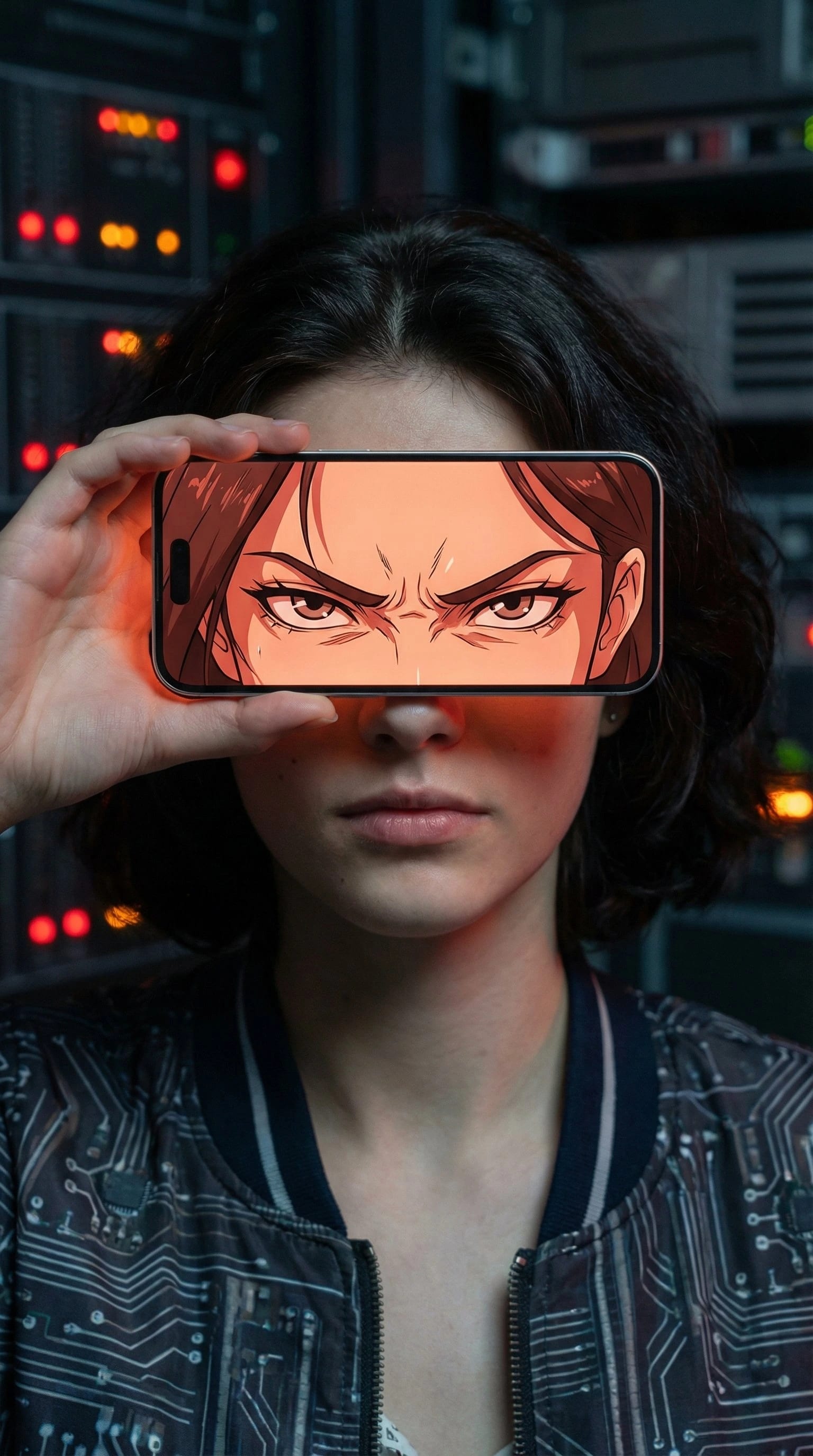 Anime Eyes Through Phone – in an open field, AI image made with Nano Banana Pro