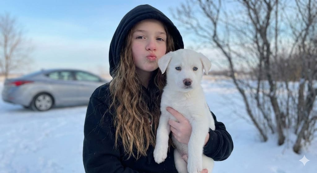 Portrait with Puppy in Snow – woman in falling snow, AI image made with Nano Banana Pro