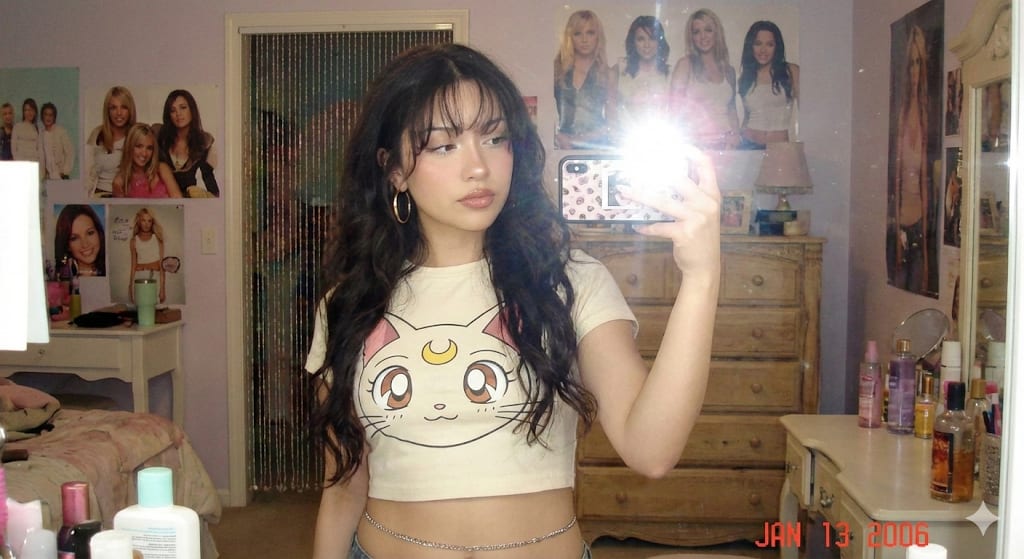 2000s Mirror Selfie – woman in a t-shirt in a bedroom, AI image made with Nano Banana Pro