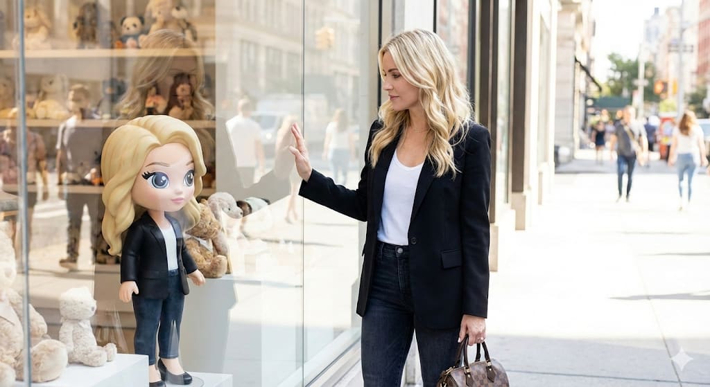 Shop Window Cartoon Reflection – woman in a city street, AI image made with Nano Banana Pro