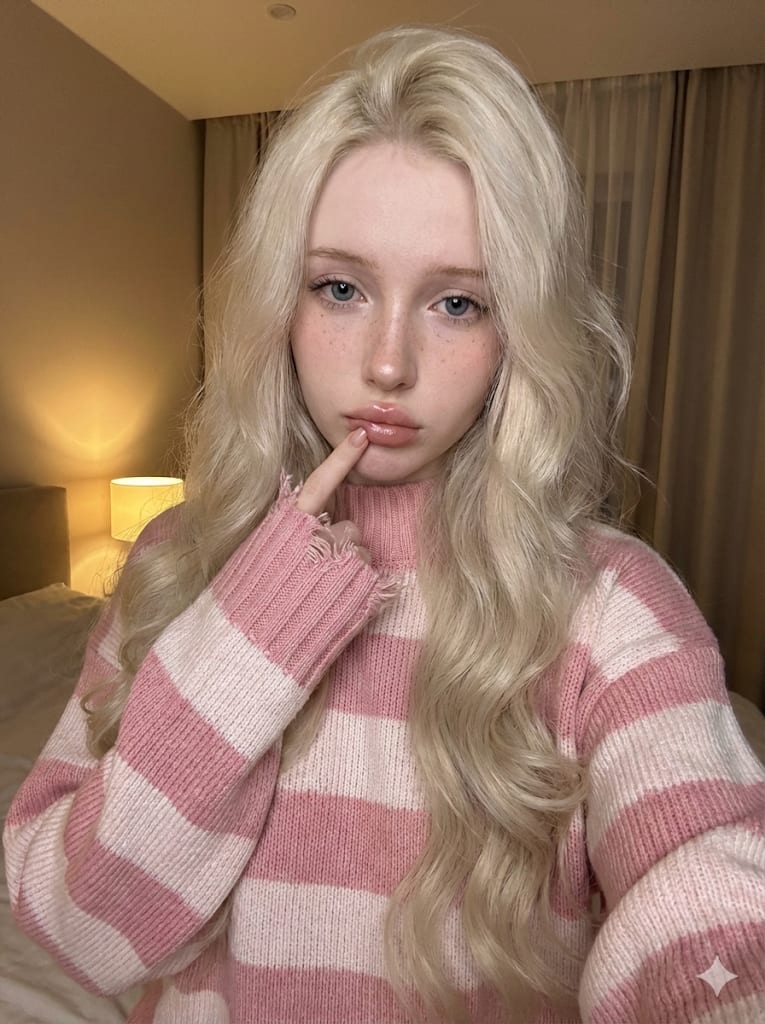Intimate Low-Light Bedroom Selfie Portrait – woman in a sweater in a bedroom, AI image made with Nano Banana Pro