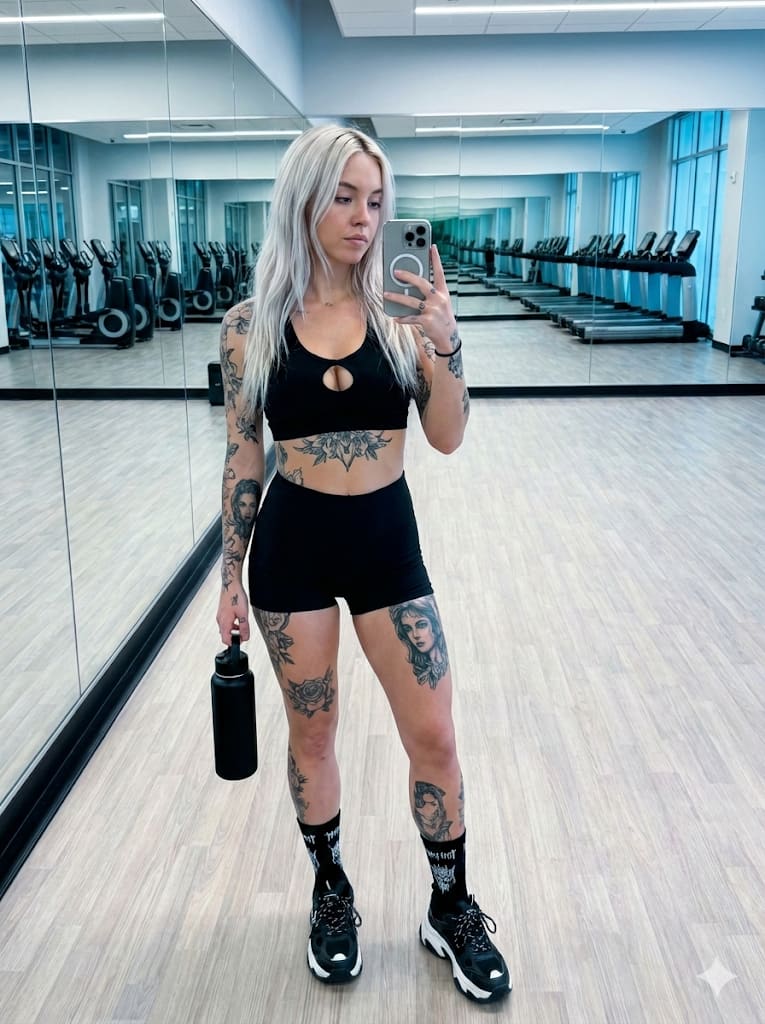 Full-Body Mirror Selfie with Tattoos in Modern Gym – in a gym, AI image made with Nano Banana Pro