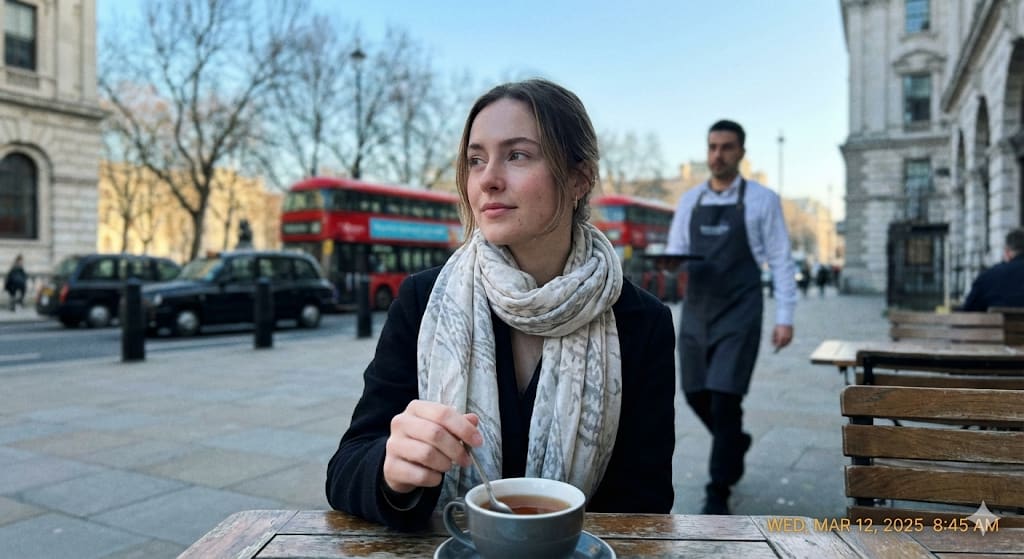London Outdoor Restaurant Portrait – woman in a restaurant, AI image made with Nano Banana Pro
