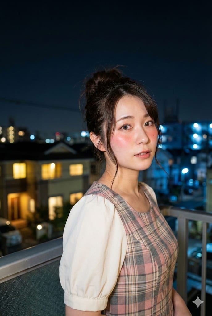 Soft-Glow Night Portrait with Flash – woman in a dress, AI image made with Nano Banana Pro