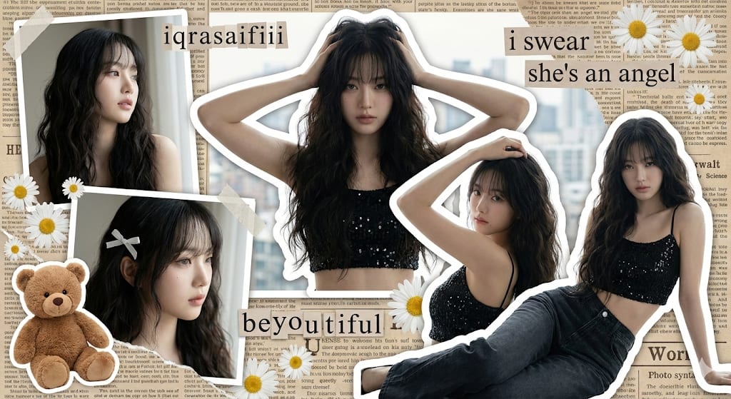 Y2K K-Pop Digital Scrapbook Collage – woman in denim, AI image made with Nano Banana Pro