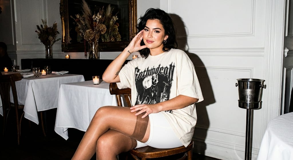 Flash Photography Influencer Candid in Upscale Restaurant – in a restaurant, AI image made with Nano Banana Pro