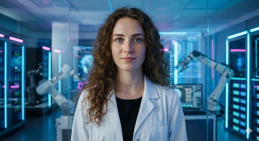 Photorealistic Scientist in Futuristic Lab – woman in a coat, AI image made with Nano Banana Pro