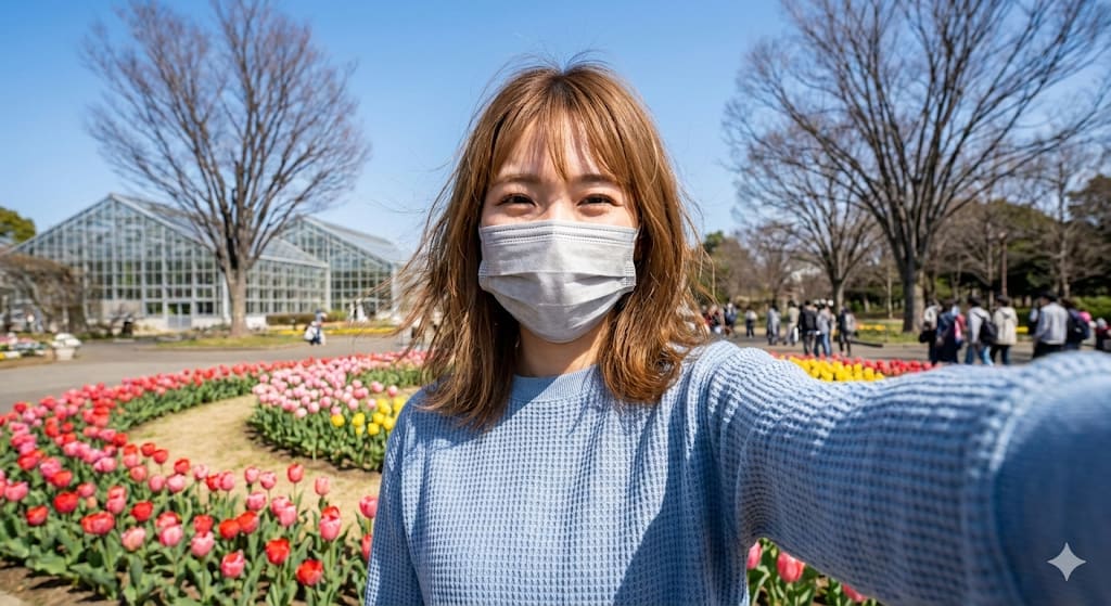 Botanical Garden Flower Festival Candid Portrait – woman in a sweater in a garden, AI image made with Nano Banana Pro