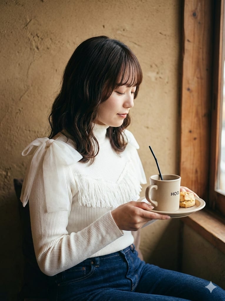 Date Night Bistro Cafe Dessert Candid Portrait – woman in denim in a cosy cafe, AI image made with Nano Banana Pro