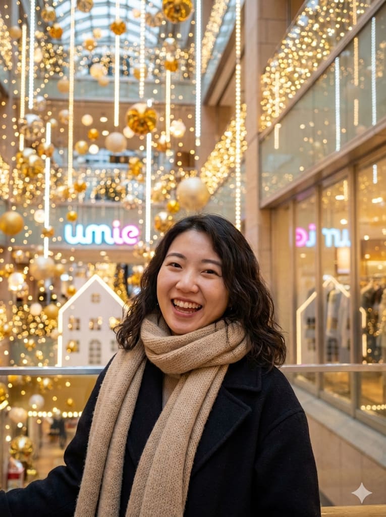 Modern Shopping Mall Atrium Candid Portrait with Smile – woman in a coat, AI image made with Nano Banana Pro