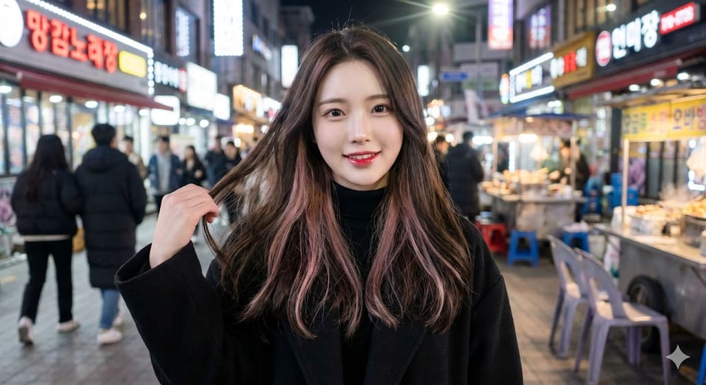 Seoul Hongdae Night Street Style Candid Portrait – woman in a coat in a city street, AI image made with Nano Banana Pro