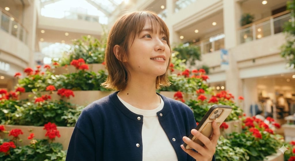 Indoor Garden Atrium Shopping Mall Portrait – woman in a cardigan in a garden, AI image made with Nano Banana Pro