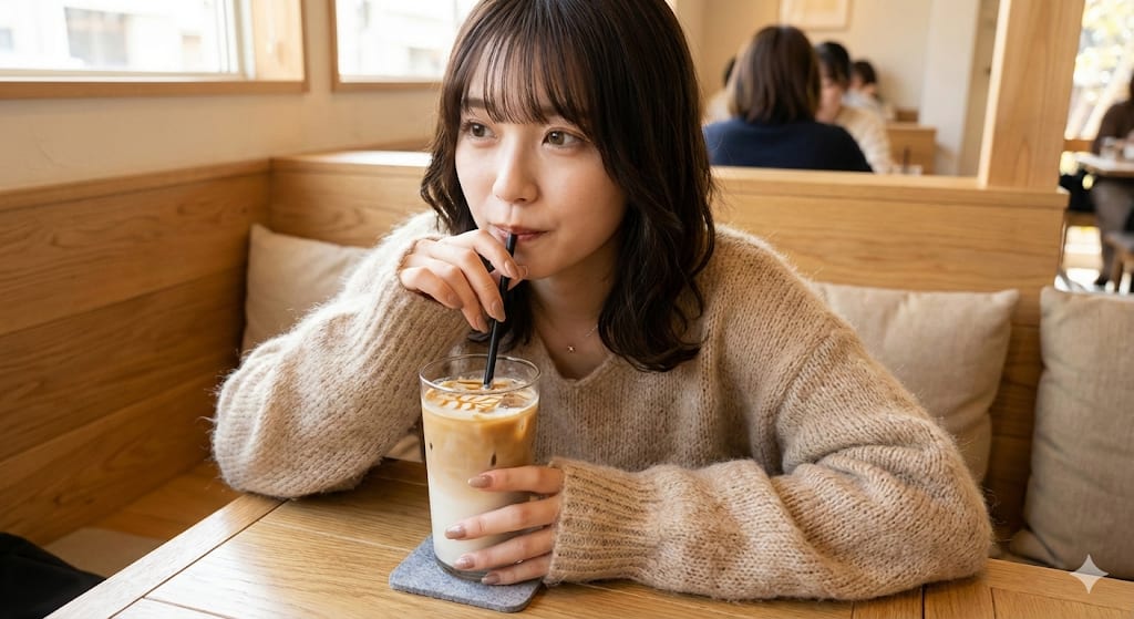 Japanese Aesthetic Outdoor Lifestyle Portrait – woman in a sweater in a cosy cafe, AI image made with Nano Banana Pro