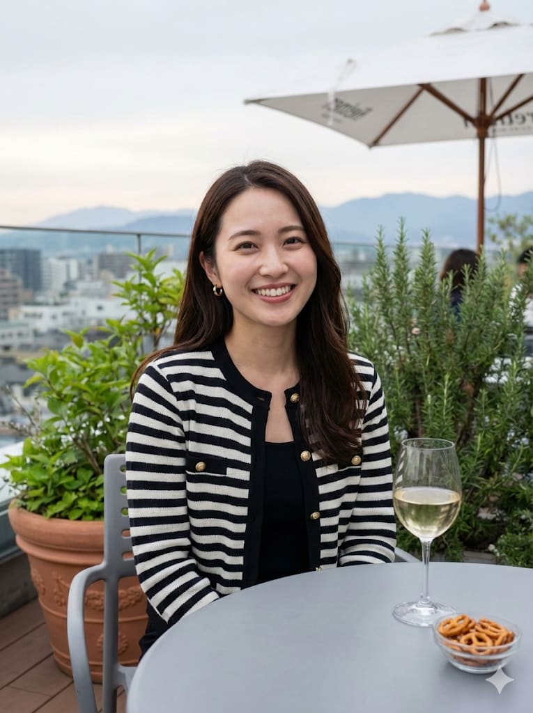 Open-Air Rooftop Terrace Cafe Portrait – woman in a jacket in a rooftop, AI image made with Nano Banana Pro