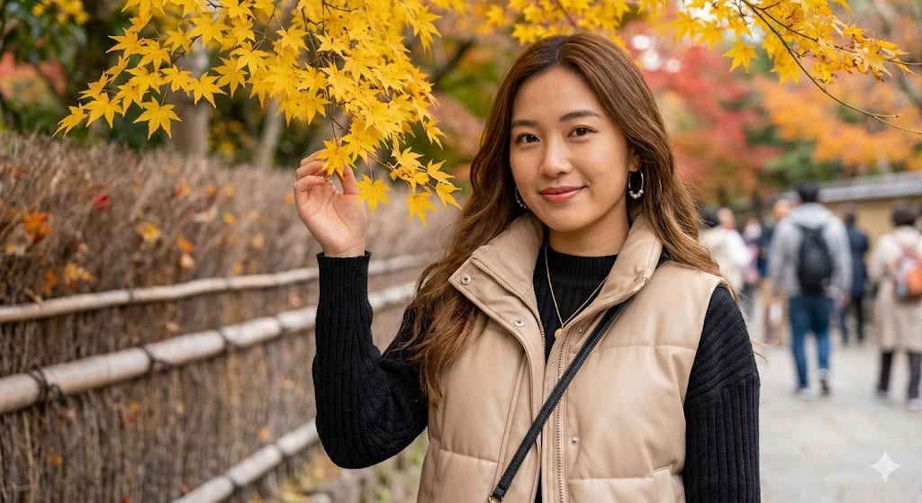 Autumn Momiji Japanese Maple Garden Portrait – woman in a jacket in a garden, AI image made with Nano Banana Pro