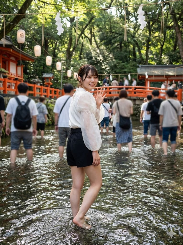 Mitarashi Festival Clear Water Wading Candid Portrait – woman in a forest, AI image made with Nano Banana Pro
