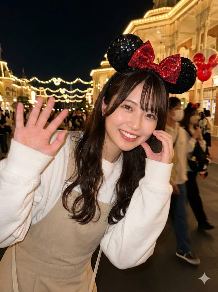 Theme Park Magical Night Date with Minnie Mouse Ears – woman in a dress in a city street, AI image made with Nano Banana Pro