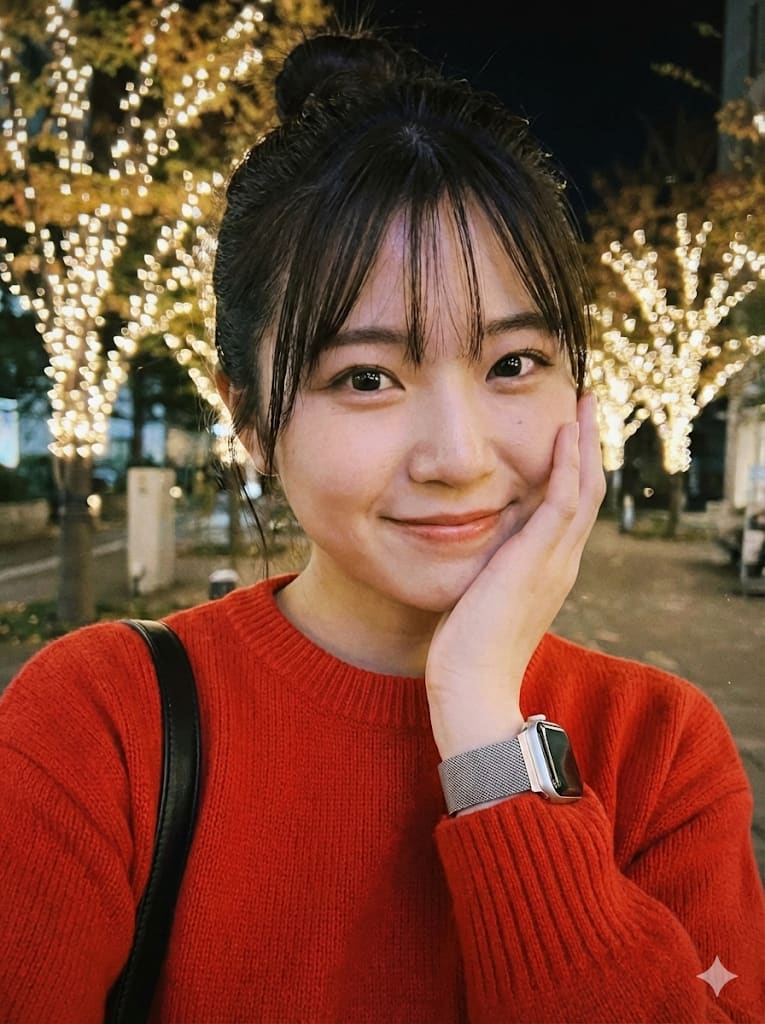 Outdoor Night Lantern Walk Candid Portrait – woman in a sweater in a city street, AI image made with Nano Banana Pro