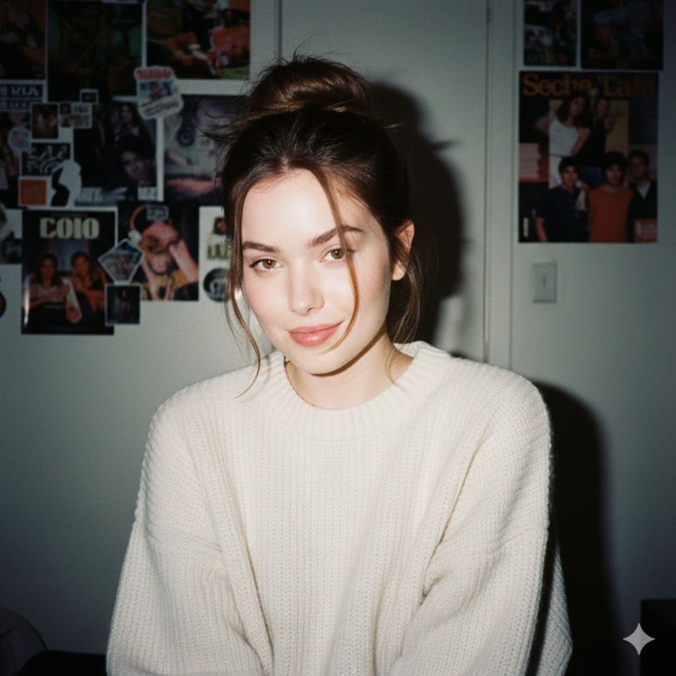 1990s Direct Flash Vintage Camera Portrait – woman in a sweater in a bedroom, AI image made with Nano Banana Pro