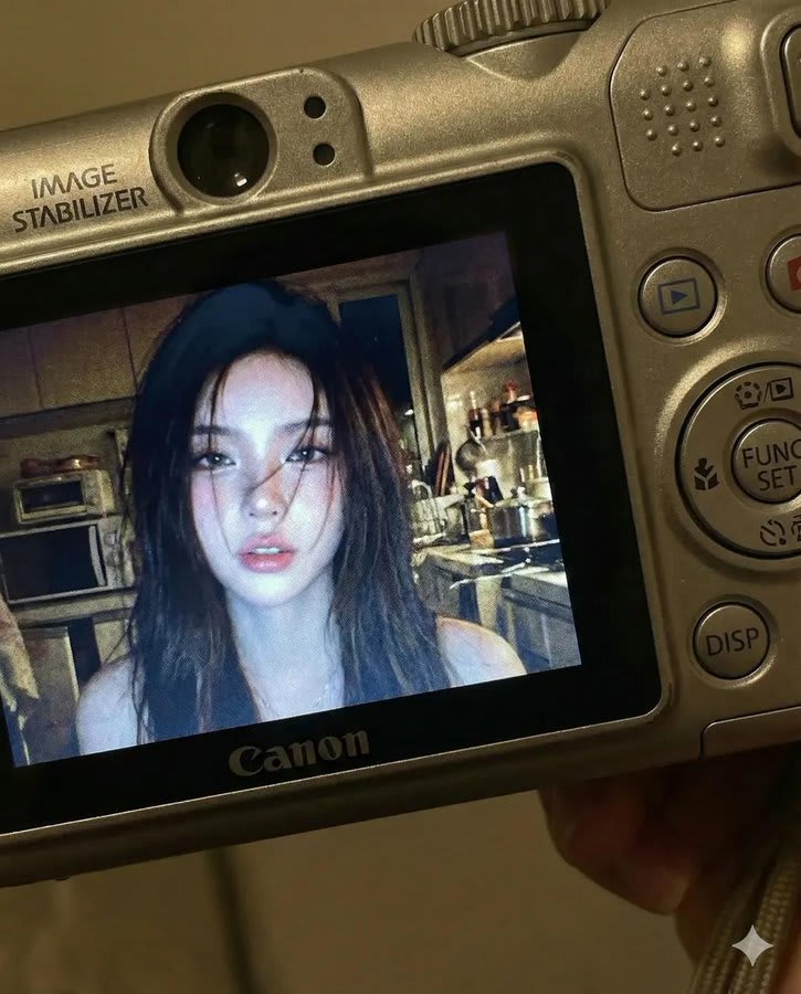 Compact Digital Camera Display Screen Portrait – woman in an open field, AI image made with Nano Banana Pro