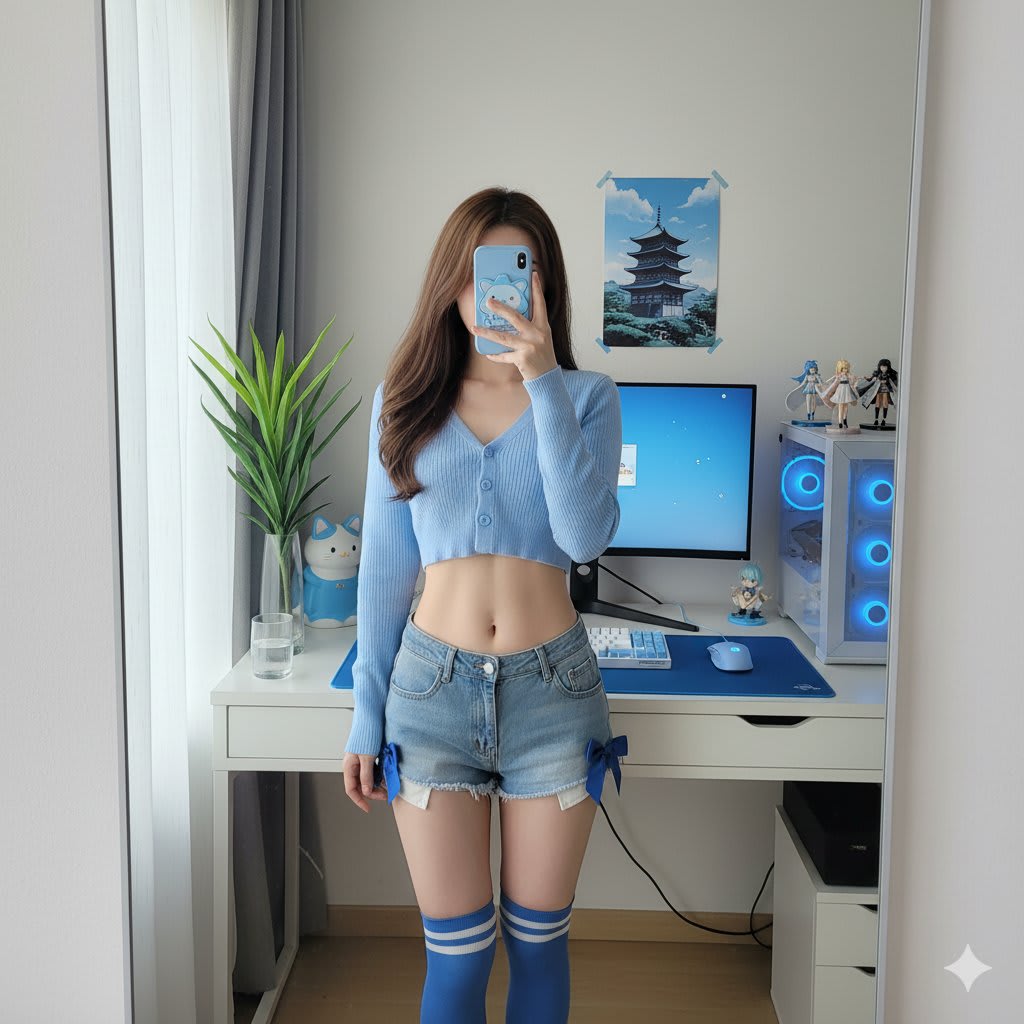 Detailed Mirror-Selfie Otaku Room Scene – woman in denim in a bedroom, AI image made with Nano Banana Pro