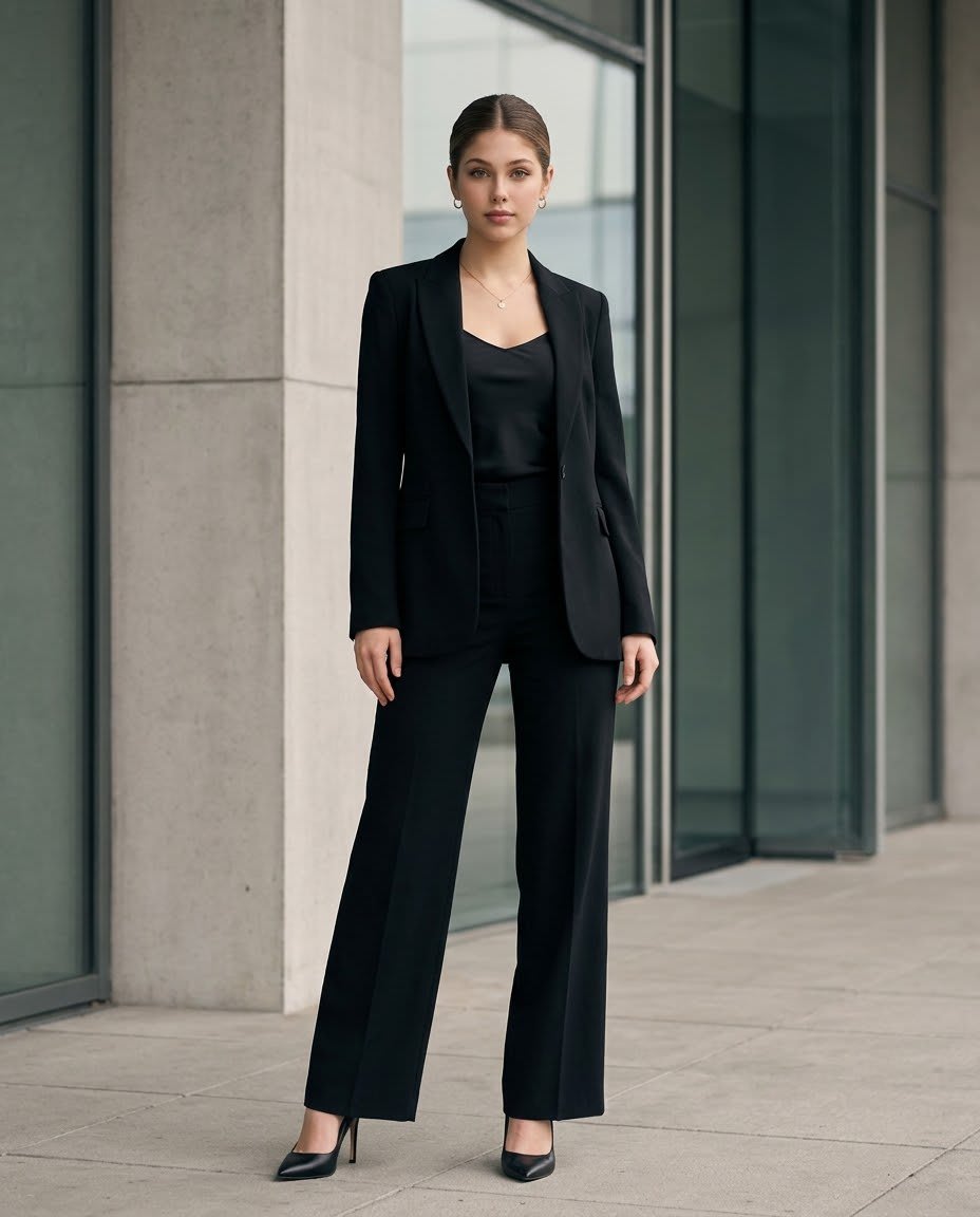 Ultra-photorealistic corporate fashion portrait – woman in a blazer in an office, AI image made with Nano Banana Pro