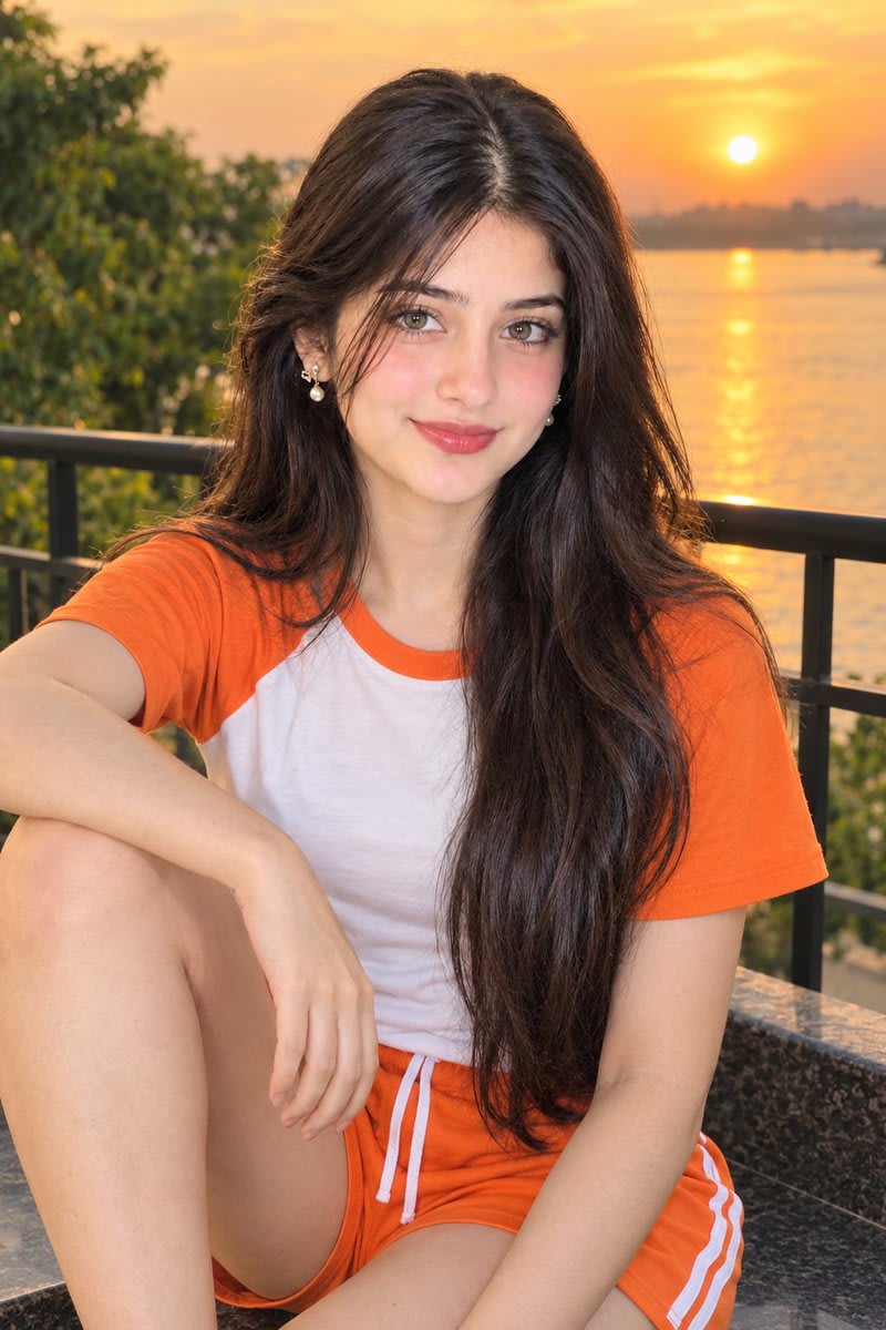 Photorealistic Sunset Portrait with Reference Face – woman in a t-shirt in an open field, AI image made with Nano Banana Pro