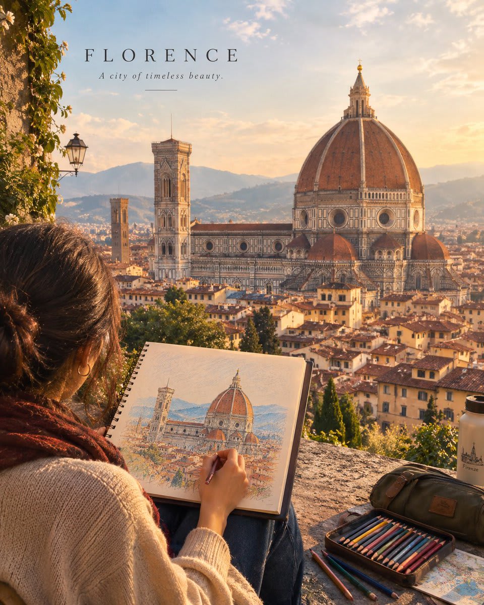 Cinematic Travel Artist Sketching Landmark, AI image made with Nano Banana Pro
