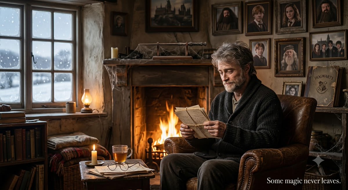 Elderly Harry Potter Winter Scene – man in falling snow, AI image made with Nano Banana Pro