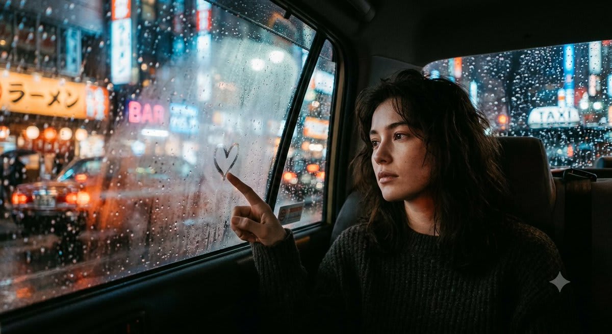 Cinematic Rainy Night Car Portrait – woman in a car, AI image made with Nano Banana Pro