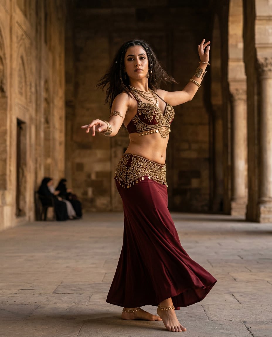 Luxury Belly Dancer Editorial in Historic Hall – woman, AI image made with Nano Banana Pro