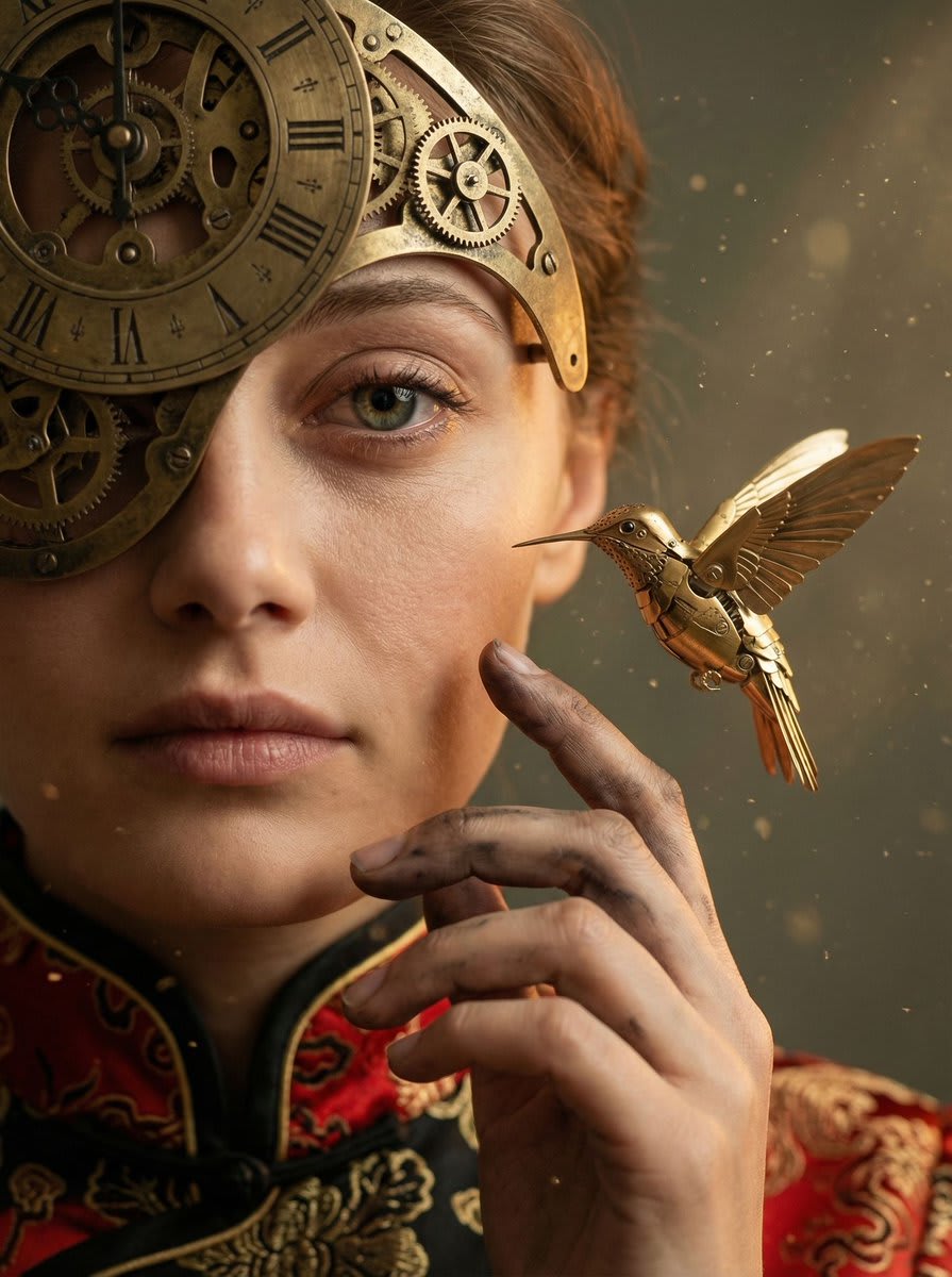Mechanical Melancholy Macro Portrait – woman in a jacket in a coffee shop, AI image made with Nano Banana Pro