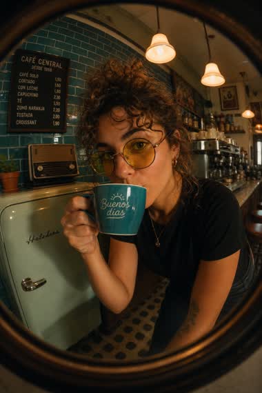 Retro Café Fish-Eye Portrait – in a subway, AI image made with Nano Banana Pro