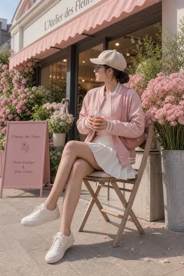 Pastel Flower Street Portrait – woman in a jacket in a city street, AI image made with Nano Banana Pro