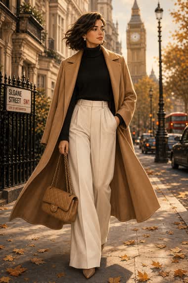Autumn Street Fashion Illustration – woman in a coat in a city street, AI image made with Nano Banana Pro
