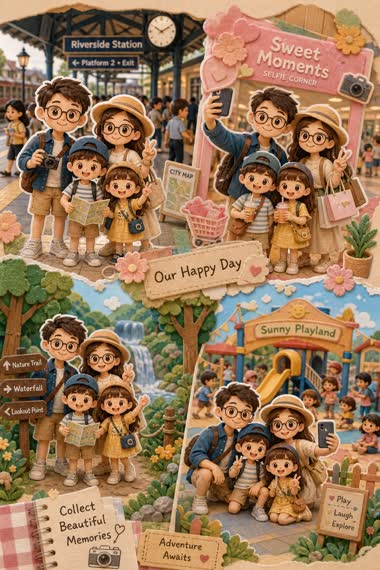 Kawaii Paper-Cut Family Travel Collage – in an open field, AI image made with Nano Banana Pro