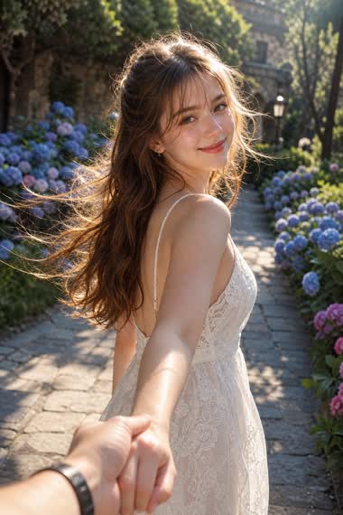 Summer Hand-in-Hand Glance Portrait – couple in a garden, AI image made with Nano Banana Pro