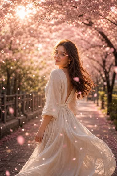 Cherry Blossom Cinematic Portrait – woman in a dress in an open field, AI image made with Nano Banana Pro