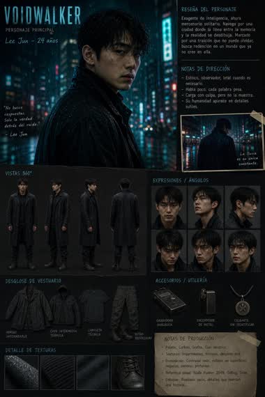 Neo-Noir Character Design Board – in a rainy street, AI image made with Nano Banana Pro