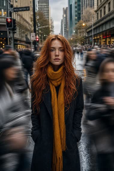 Still in the Storm: Cinematic Street Portrait – woman in a coat in a city street, AI image made with Nano Banana Pro