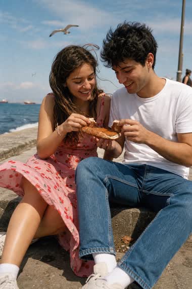 Seaside Sharing, Candid Film Still – couple in a photo studio, AI image made with Nano Banana Pro