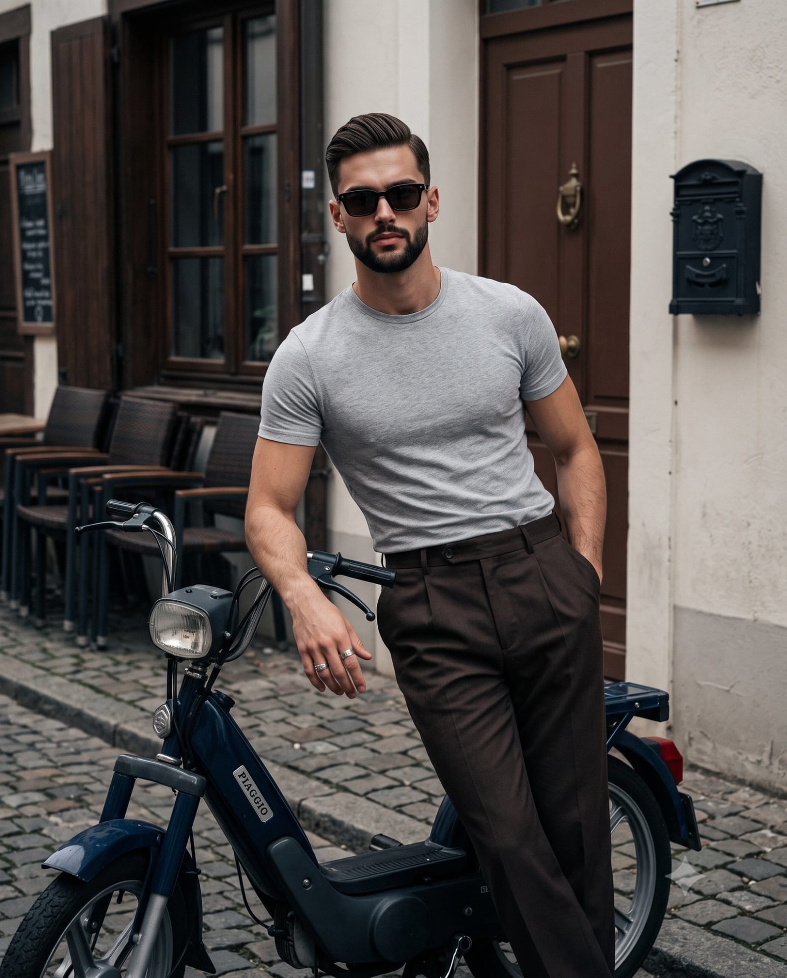 Vintage Italian Street Editorial Portrait – man in a t-shirt in a city street, AI image made with Nano Banana 2