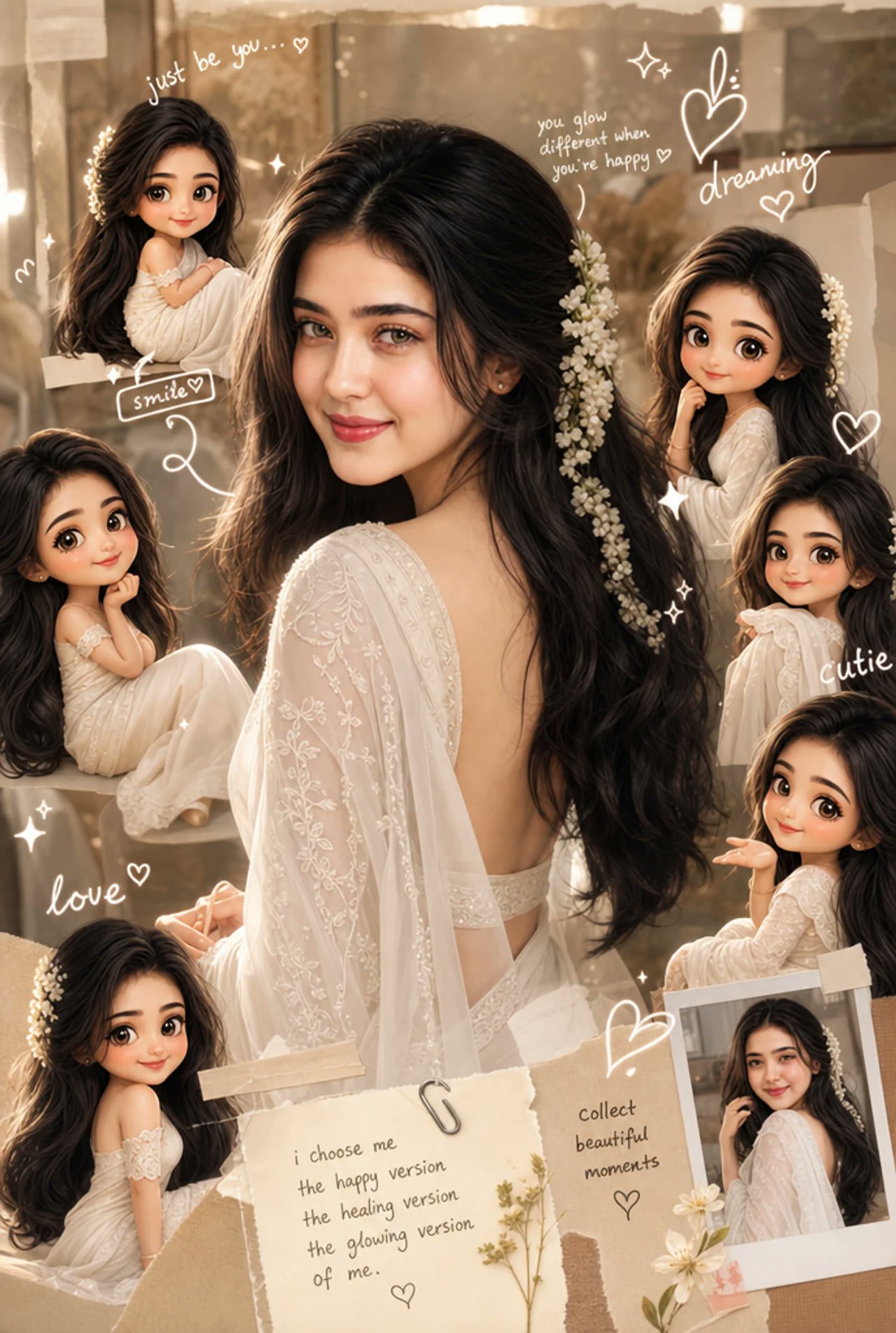 Dreamy Chibi Collage Portrait – woman in a saree, AI image made with Nano Banana 2