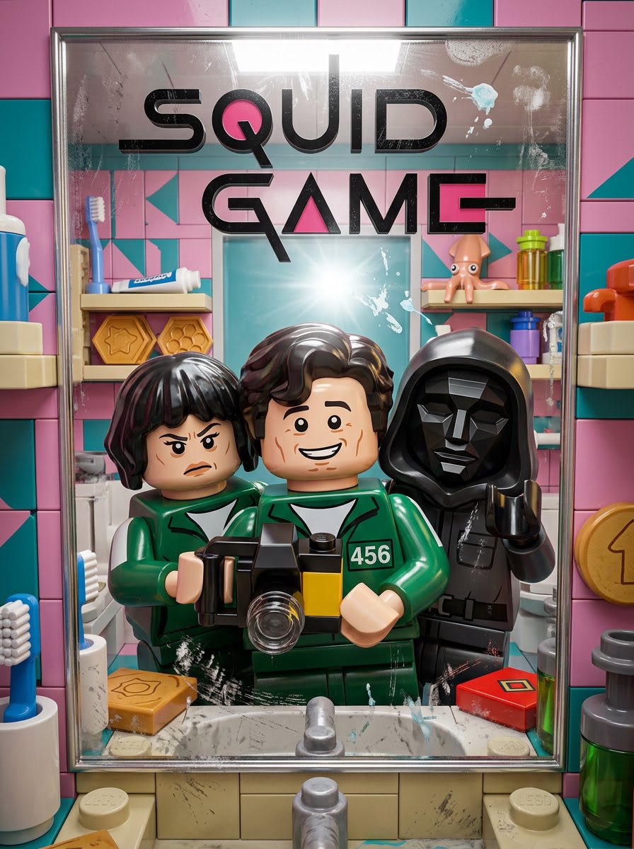 LEGO Minifigure Mirror Selfie 3D Render – in a bathroom, AI image made with Nano Banana 2