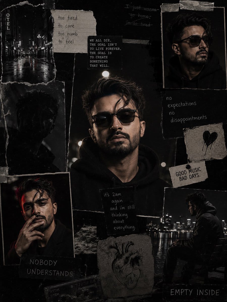Dark Cinematic Diary Collage – man in a hoodie in a city street, AI image made with Nano Banana Pro